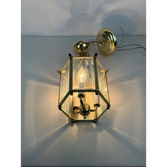 Vintage MCM American Lantern Co Pendant Ceiling Lamp Brass Glass 6 Panel 3 Light - Picture 3 of 12